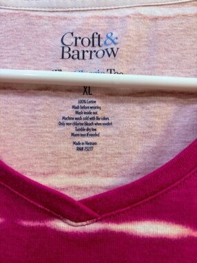 2 shirts croft & barrow magenta and white tie-dye V-neck tee also blue stripe